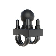 The Arkon Mounts U-Bolt Round Bar Mount with 38mm Metal Ball is a black, three-pronged metal clamp featuring a textured round knob on top and secured by bolts. Designed as a modular mounting solution, it serves ideally as a handlebar U-bolt mount or connector component, and is compatible with accessories that use a 38mm metal ball for versatile attachment across multiple bar sizes.