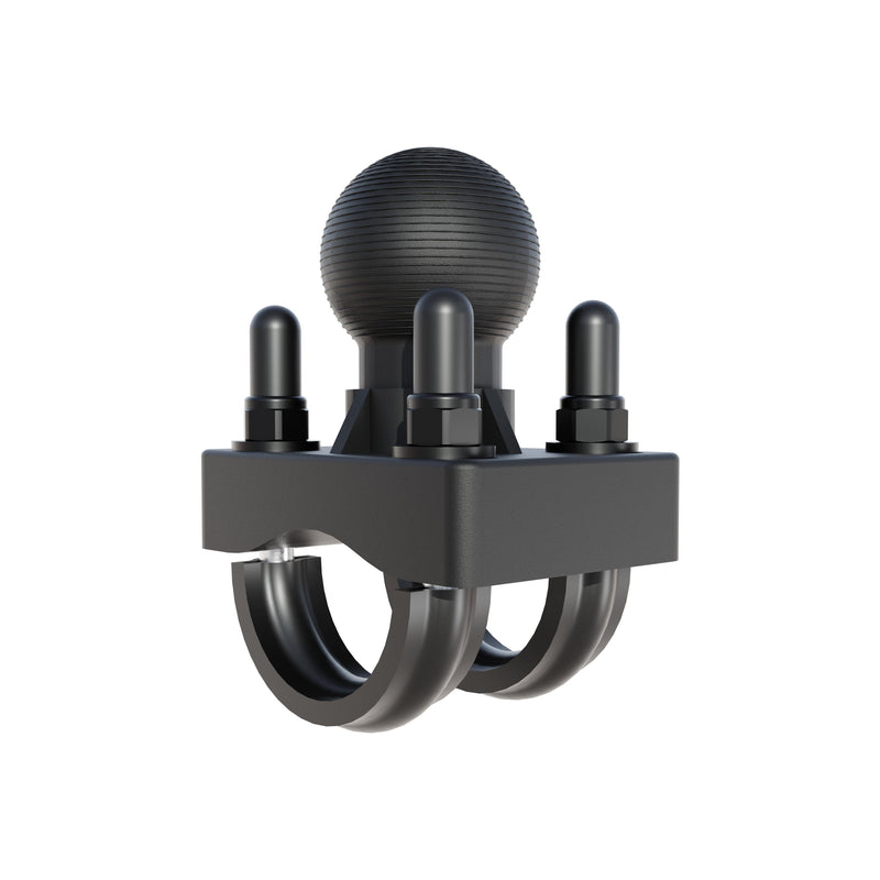 The Arkon Mounts U-Bolt Round Bar Mount with 38mm Metal Ball is a black, three-pronged metal clamp featuring a textured round knob on top and secured by bolts. Designed as a modular mounting solution, it serves ideally as a handlebar U-bolt mount or connector component, and is compatible with accessories that use a 38mm metal ball for versatile attachment across multiple bar sizes.