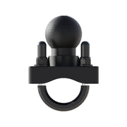 The Arkon Mounts U-Bolt Round Bar Mount with 38mm Metal Ball—pictured here against a white background—features a sturdy black mechanical clamp with two cylindrical bolts and a curved lower section. Its textured spherical knob on top serves as the modular mounting point, making it an ideal handlebar u-bolt mount compatible with multiple bar sizes.