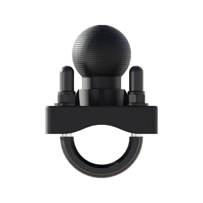 The Arkon Mounts U-Bolt Round Bar Mount with 38mm Metal Ball—pictured here against a white background—features a sturdy black mechanical clamp with two cylindrical bolts and a curved lower section. Its textured spherical knob on top serves as the modular mounting point, making it an ideal handlebar u-bolt mount compatible with multiple bar sizes.