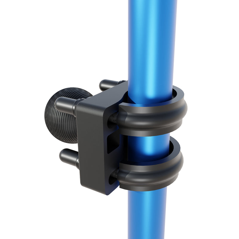 A close-up of the Arkon Mounts U-Bolt Round Bar Mount with 38mm Metal Ball shows its sturdy black clamp securing a blue cylindrical pole, with a prominent adjustment screw visible on the left. This modular mounting solution is compatible with handlebar u-bolt mounts and accommodates various accessories using its included 38mm metal ball for versatile attachment options across multiple bar sizes.