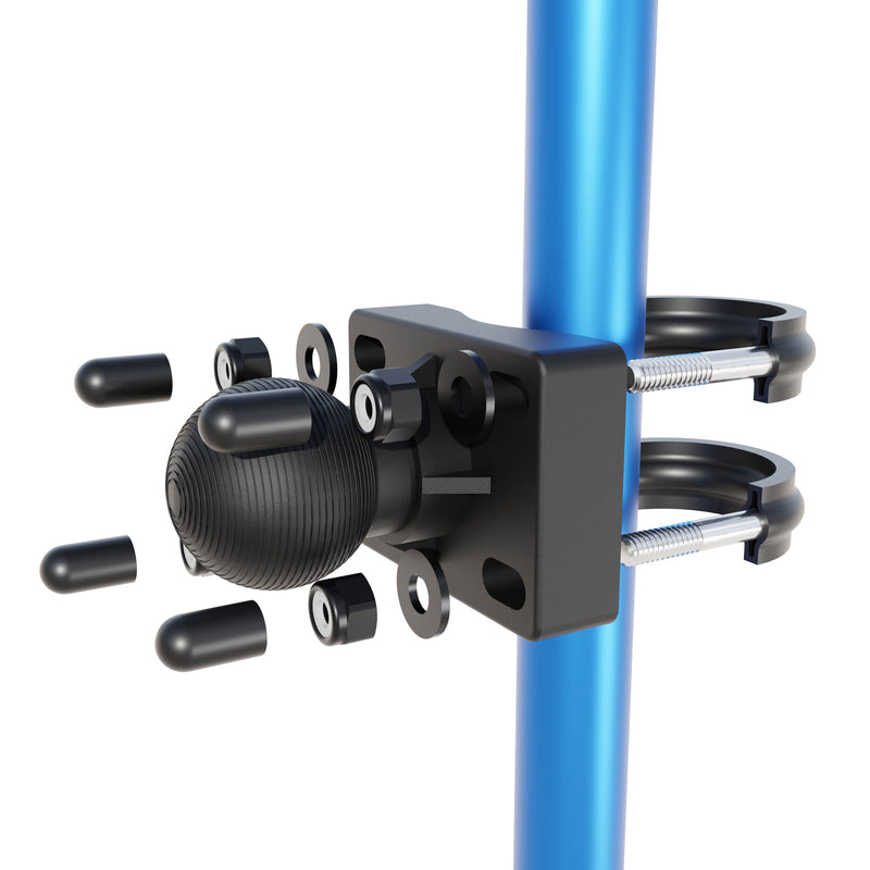 Exploded view of the Arkon Mounts U-Bolt Round Bar Mount with 38mm Metal Ball, featuring a black modular mounting bracket, screws, washers, and a textured knob. The assembly is designed to attach to vertical blue metal poles of multiple bar sizes using two circular u-bolt clamps—similar to a handlebar mount.