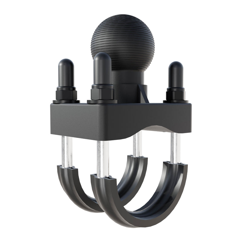 Introducing the Arkon Mounts U-Bolt Round Bar Mount with 38mm Metal Ball – Multiple Bar Sizes: a black and silver clamp featuring two semi-circular metal bands, a ridged sphere on top, and three cylindrical bolts. This modular mounting solution is designed for securely attaching round objects like handlebars. Compatible with standard 38mm metal balls or as a traditional handlebar u-bolt mount, it delivers reliable and versatile support for various applications.