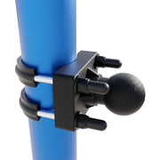 A close-up of the Arkon Mounts U-Bolt Round Bar Mount with 38mm Metal Ball – Multiple Bar Sizes, featuring a blue cylindrical pole secured by a black clamp with two metal bolts and a textured black spherical handle, highlights its modular mounting solution for versatile adjustments.