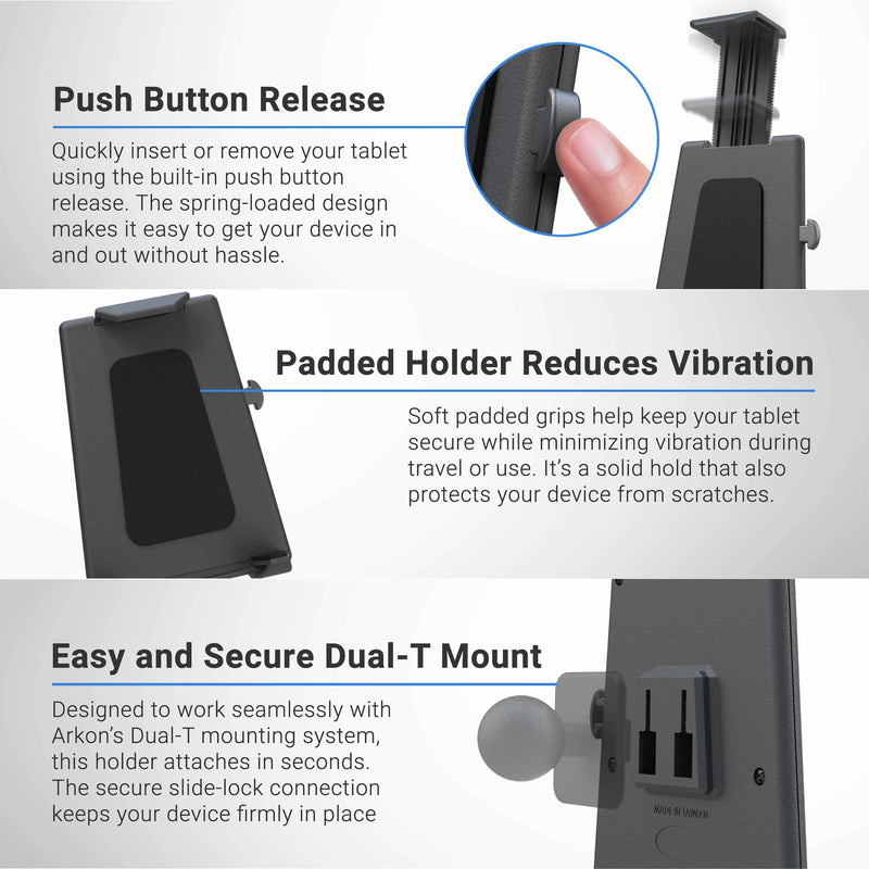 Infographic showcasing the Tablet Cup Holder Mount with Push-Button Holder - 25mm, featuring a convenient push button release for effortless operation, padded grips that minimize vibration, and a secure Dual-T mount. Text and close-up images highlight each function of this adjustable cup holder mount, making it an ideal car tablet mount solution.