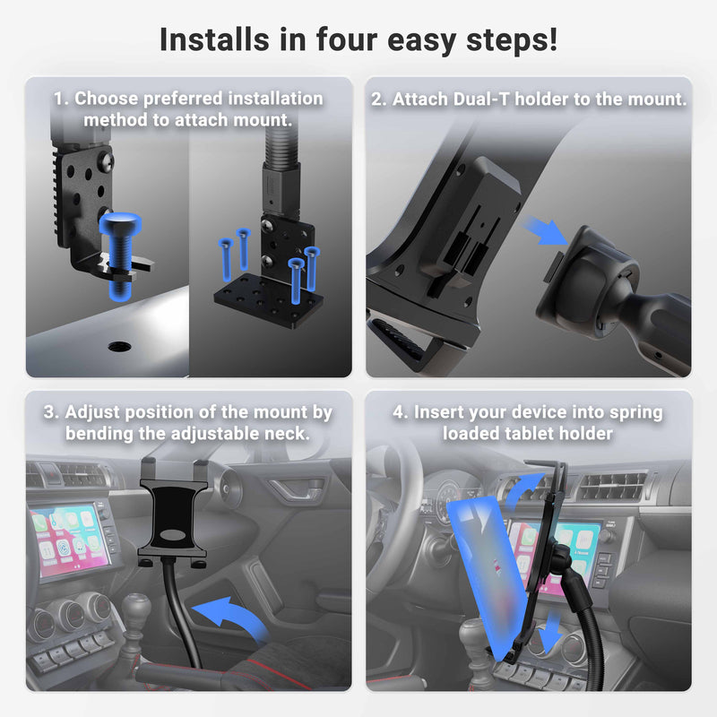 A four-step guide for installing the Slim-Grip® Tablet Holder with Seat Rail Mount and 22 Bendable Arm: select mounting spot, attach the seat rail mount, connect the holder, adjust the 22 arm, and insert your tablet.