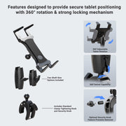 The Slim-Grip® Tablet Holder with Clamp Mount and Security Knob Shaft offers secure locking, 360° rotation, an adjustable swivel, and a tightening knob. Optional security lock prevents removal. Inset images highlight main product features.