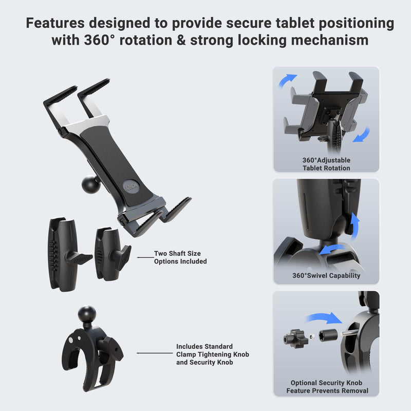 The Slim-Grip® Tablet Holder with Clamp Mount and Security Knob Shaft offers secure locking, 360° rotation, an adjustable swivel, and a tightening knob. Optional security lock prevents removal. Inset images highlight main product features.