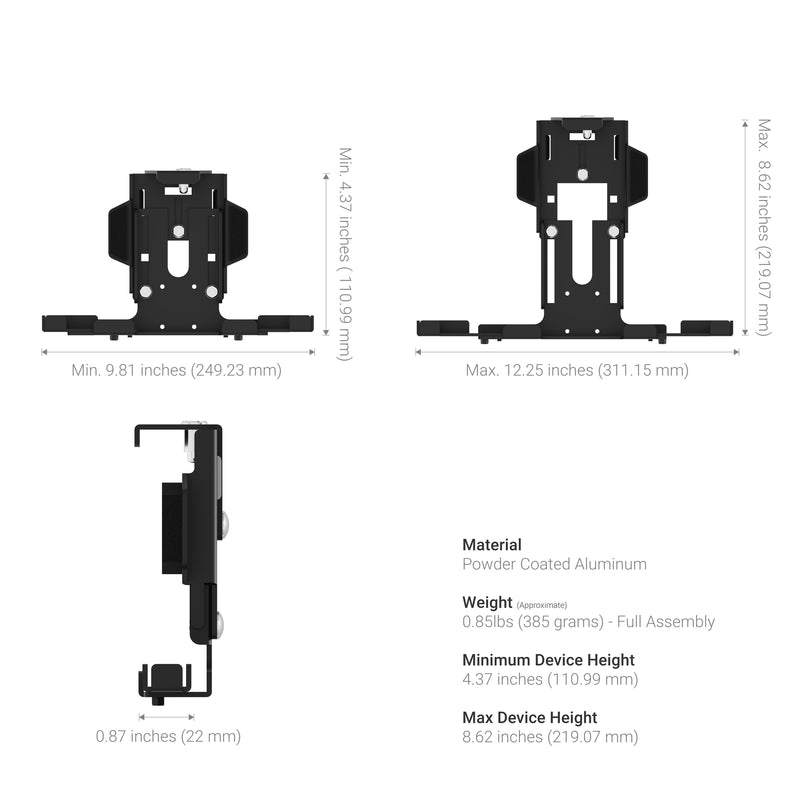 Three technical drawings of the LockVise™ Metal XL Locking Tablet Holder with Drill Base Mount, featuring labeled dimensions. Constructed from powder-coated aluminum and weighing 0.85 lbs, the illustrations show minimum and maximum width, height, and depth measurements, alongside detailed side and front views.