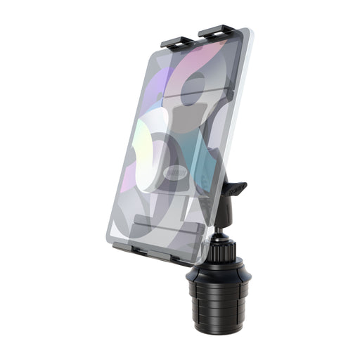 Introducing the Tablet Cup Holder Mount with Slim-Grip® Ultra Pro Holder - 25mm: a versatile car accessory featuring adjustable clamps and a rotating base for secure and convenient tablet mounting in your vehicle’s cup holder. The transparent design allows vibrant abstract shapes to show through, making this tablet mount both practical and visually appealing.