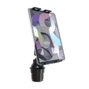 A tablet is mounted vertically in the Tablet Cup Holder Mount with Slim-Grip® Ultra Pro Holder - 25mm, featuring a sleek black adjustable design with a sturdy base that fits securely into a car cup holder. The mount holds the device firmly while displaying a colorful abstract pattern on its screen, offering both convenience and style for entertainment or navigation on the go.
