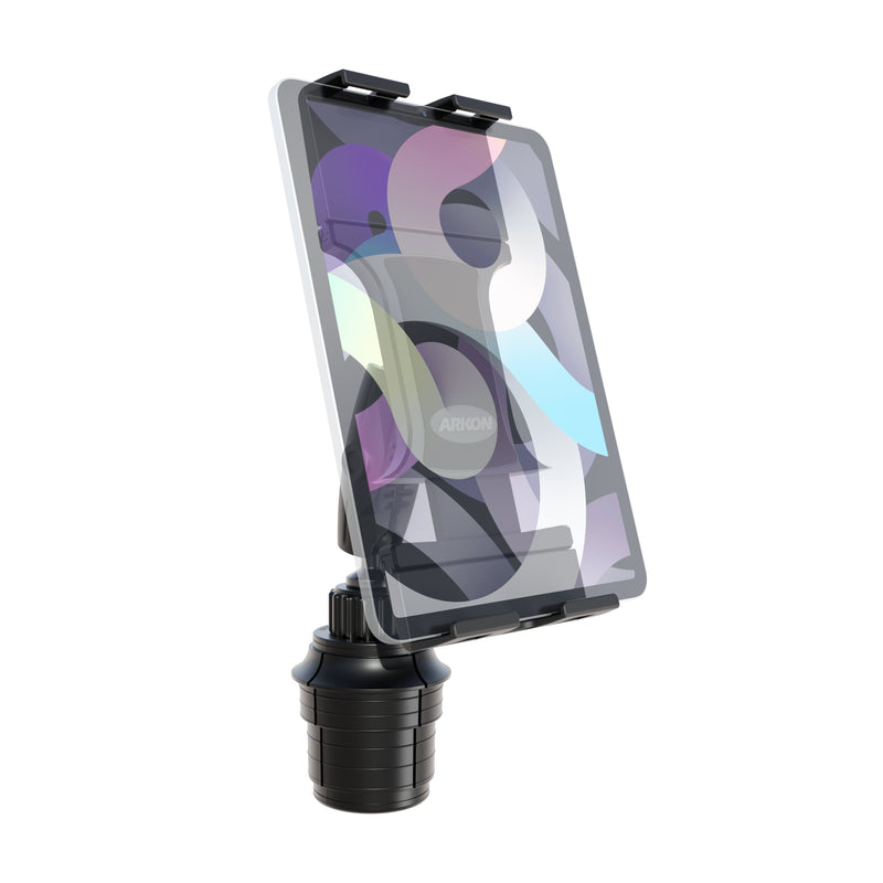 A tablet is mounted vertically in the Tablet Cup Holder Mount with Slim-Grip® Ultra Pro Holder - 25mm, featuring a sleek black adjustable design with a sturdy base that fits securely into a car cup holder. The mount holds the device firmly while displaying a colorful abstract pattern on its screen, offering both convenience and style for entertainment or navigation on the go.