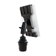 The Tablet Cup Holder Mount with Slim-Grip® Ultra Pro Holder - 25mm, shown from a rear angled view against a white background, securely holds a white tablet with its versatile clamp base.