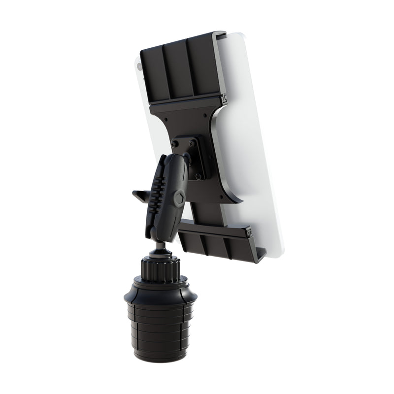 The Tablet Cup Holder Mount with Slim-Grip® Ultra Pro Holder - 25mm, shown from a rear angled view against a white background, securely holds a white tablet with its versatile clamp base.