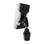 A Tablet Cup Holder Mount with Slim-Grip® Ultra Pro Holder - 25mm, in black, features a handle and base attachment to securely grip a white tablet, providing a convenient and stable solution for mounting your device in the car.