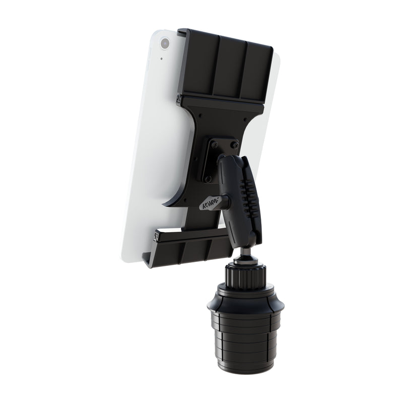 A Tablet Cup Holder Mount with Slim-Grip® Ultra Pro Holder - 25mm, in black, features a handle and base attachment to securely grip a white tablet, providing a convenient and stable solution for mounting your device in the car.