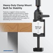 The Arkon Mounts Slim-Grip® Tablet Holder with Clamp Mount and 22″ Arm secures firmly to desk edges and fits surfaces up to 1.75 inches thick. Designed for stability and hands-free support in demanding environments, its adjustable arm provides optimal positioning for your tablet during extended use.