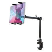 The Arkon Mounts Slim-Grip® Tablet Holder with Clamp Mount and 22″ arm is securely clamped to the edge of a table, holding a tablet in landscape orientation with its adjustable, heavy-duty design.