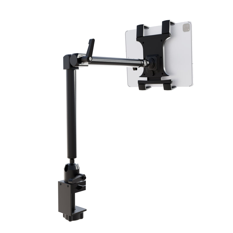 The Arkon Mounts Slim-Grip® Tablet Holder with Clamp Mount and 22″ Arm is a black, heavy-duty adjustable tablet holder featuring an extendable arm that securely holds a tablet in landscape orientation against a white background, providing reliable support for everyday use.
