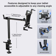 The Arkon Mounts Slim-Grip® Tablet Holder with Clamp Mount and 22″ Arm features adjustable clamps and multiple pivoting joints. Inset images showcase its 360° tablet rotation, a 180° pivoting arm, and a 360° swivel base for versatile positioning. Informative text highlights the flexible adjustability and heavy-duty construction, making this mount ideal for use in any setting.