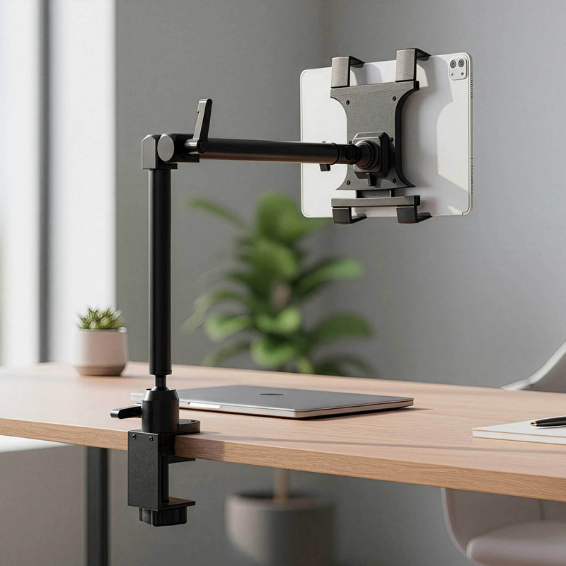 An Arkon Mounts Slim-Grip® Tablet Holder with Clamp Mount and a 22″ adjustable black arm is secured to a wooden desk, holding a tablet above a closed laptop. In the background, a potted plant is softly blurred.