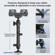 The Arkon Mounts Slim-Grip® Ultra Pro Tablet Mount with 8″ Adjustable Arm & AMPS Drill Base, shown with callouts demonstrating its 180-degree arm positioning, 360-degree tablet rotation, and 360-degree base swivel capabilities.