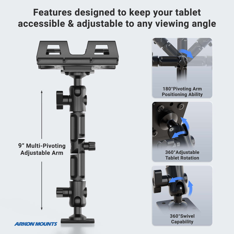 The Arkon Mounts Slim-Grip® Ultra Pro Tablet Mount with 8″ Adjustable Arm & AMPS Drill Base, shown with callouts demonstrating its 180-degree arm positioning, 360-degree tablet rotation, and 360-degree base swivel capabilities.
