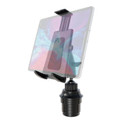Introducing the Tablet Cup Holder Mount with Push-Button Holder - 25mm: a versatile black adjustable tablet holder featuring a clamp mounted on a round base, designed to securely hold your tablet in landscape orientation. Perfect for hands-free use as a car tablet mount or paired with any adjustable cup holder mount for added convenience.