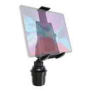 The Tablet Cup Holder Mount with Push-Button Holder - 25mm, shown in black, securely holds a tablet in landscape orientation, displaying part of the screen. The mount features an adjustable cup holder base and is displayed against a white background.