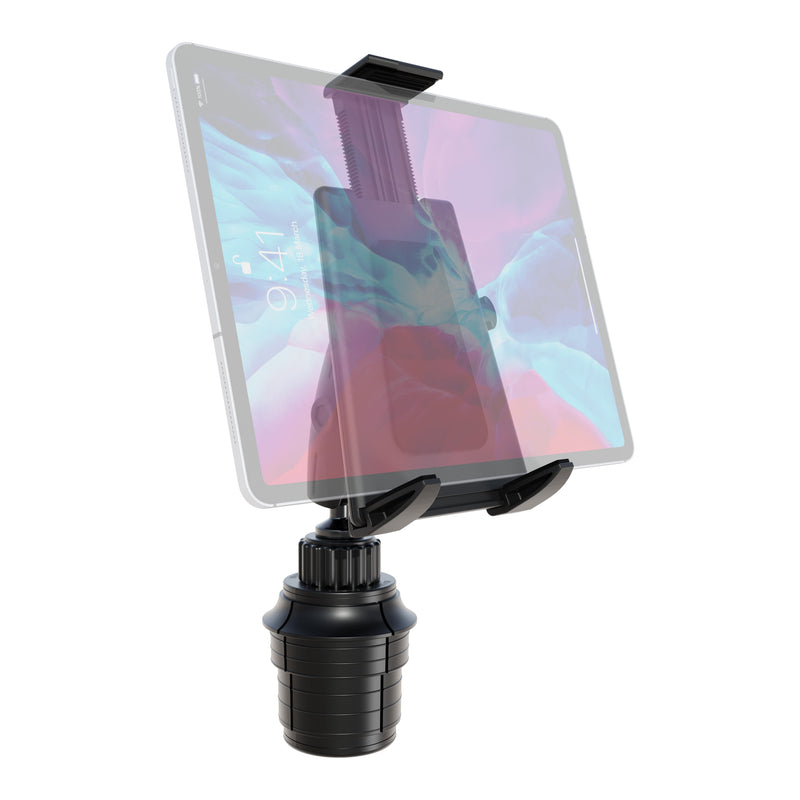 The Tablet Cup Holder Mount with Push-Button Holder - 25mm, shown in black, securely holds a tablet in landscape orientation, displaying part of the screen. The mount features an adjustable cup holder base and is displayed against a white background.