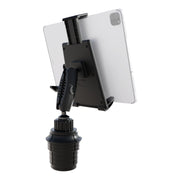 A black Tablet Cup Holder Mount with Push-Button Holder - 25mm securely grips a silver tablet in landscape orientation, mounted on a flexible base. This adjustable holder doubles as a cup holder mount, making it ideal for use as a car tablet mount and ensuring secure device positioning while on the go.