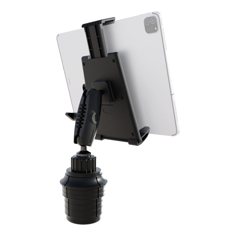 A black Tablet Cup Holder Mount with Push-Button Holder - 25mm securely grips a silver tablet in landscape orientation, mounted on a flexible base. This adjustable holder doubles as a cup holder mount, making it ideal for use as a car tablet mount and ensuring secure device positioning while on the go.