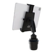 A Tablet Cup Holder Mount with Push-Button Holder - 25mm, shown from the back in black, securely holds a tablet. This mount features a clamp and flexible arm for precise positioning within your vehicle.