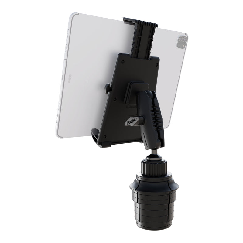 A Tablet Cup Holder Mount with Push-Button Holder - 25mm, shown from the back in black, securely holds a tablet. This mount features a clamp and flexible arm for precise positioning within your vehicle.
