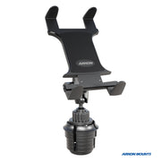 The Slim-Grip® Cup Holder Tablet Mount with 3.75 Shaft features an adjustable cradle for devices and fits securely in vehicle cup holders; shown on a white background with the Arkon Mounts logo in the corner.