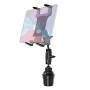 The Arkon Mounts Robust® Dual Shaft Cup Holder Mount with Slim-Grip® Tablet Holder - 25mm is a versatile cup holder tablet mount featuring a black adjustable holder and flexible dual shaft arm, designed to securely hold tablets in vehicles for convenient hands-free use.