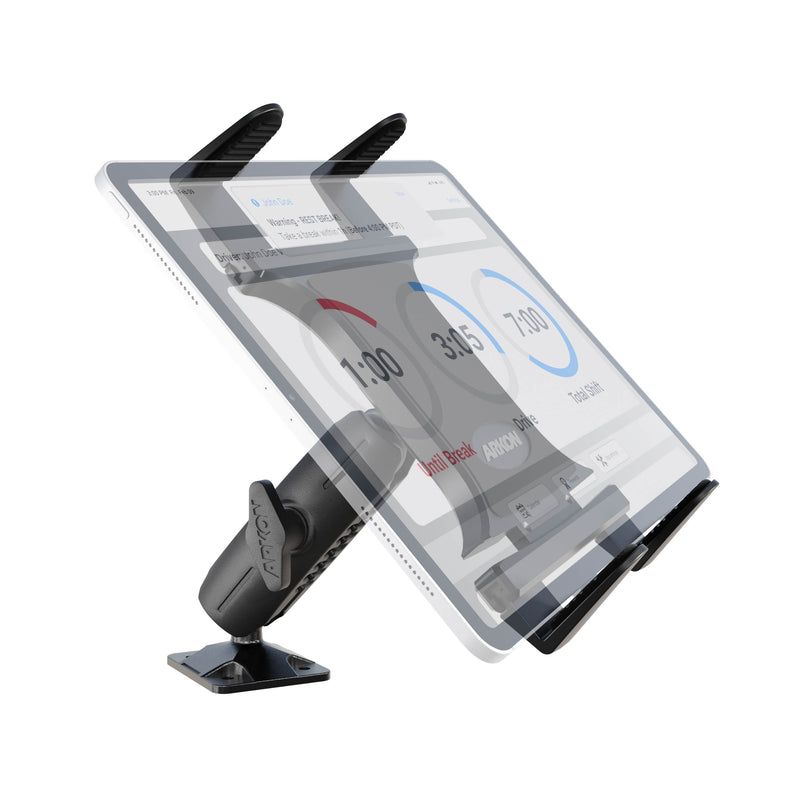 The Slim-Grip® Tablet Holder with Drill Base Mount secures your tablet with two rubberized grips, allows multiple tilt angles, and features a sturdy rotating base for precise positioning on flat surfaces.