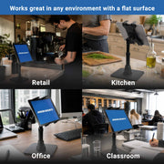 Four scenes featuring the Arkon Mounts Slim-Grip® Tablet Holder Desk Stand in action—at a retail counter, kitchen, office desk, and classroom—with the text: Ideal for any flat-surface environment.