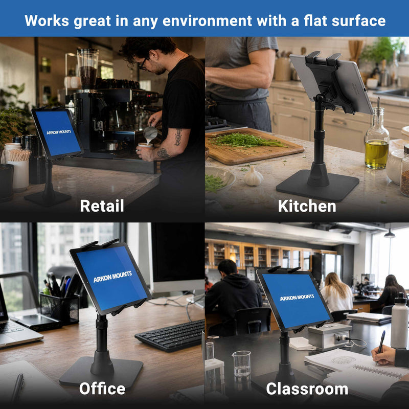 Four scenes featuring the Arkon Mounts Slim-Grip® Tablet Holder Desk Stand in action—at a retail counter, kitchen, office desk, and classroom—with the text: Ideal for any flat-surface environment.