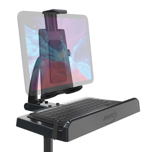 The Heavy-Duty Car Seat Rail Tablet Mount with Keyboard Tray Combo features an adjustable holder that positions a tablet above a detachable tray, creating a compact and mobile workstation.