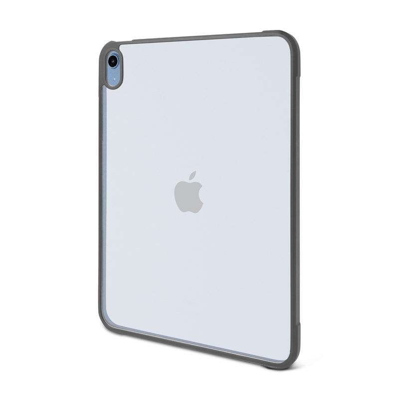 An Arkon Mounts iPad 10th Gen Standard Case, featuring a clear hard-shell design with black edges, is shown on an iPad 10th Gen with the Apple logo and rear camera visible in the top left corner.