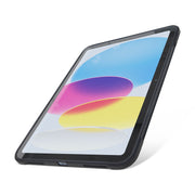An iPad 10th Gen is displayed at an angle on a white background, featuring the Arkon Mounts iPad 10th Gen Standard Case in black with a slim design for light-duty protection. The screen shows a colorful abstract pattern with blue, pink, yellow, and white shapes.