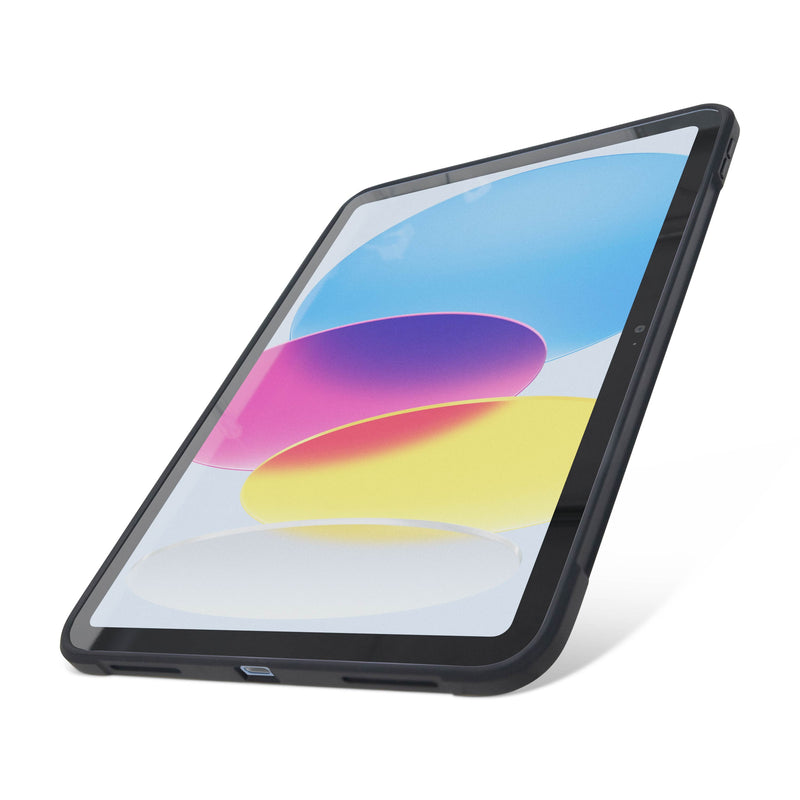 An iPad 10th Gen is displayed at an angle on a white background, featuring the Arkon Mounts iPad 10th Gen Standard Case in black with a slim design for light-duty protection. The screen shows a colorful abstract pattern with blue, pink, yellow, and white shapes.