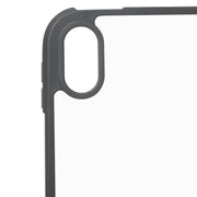 Close-up of a gray corner of the Arkon Mounts iPad 10th Gen Standard Case, featuring an oval camera cutout and two side button covers, set against a white background.