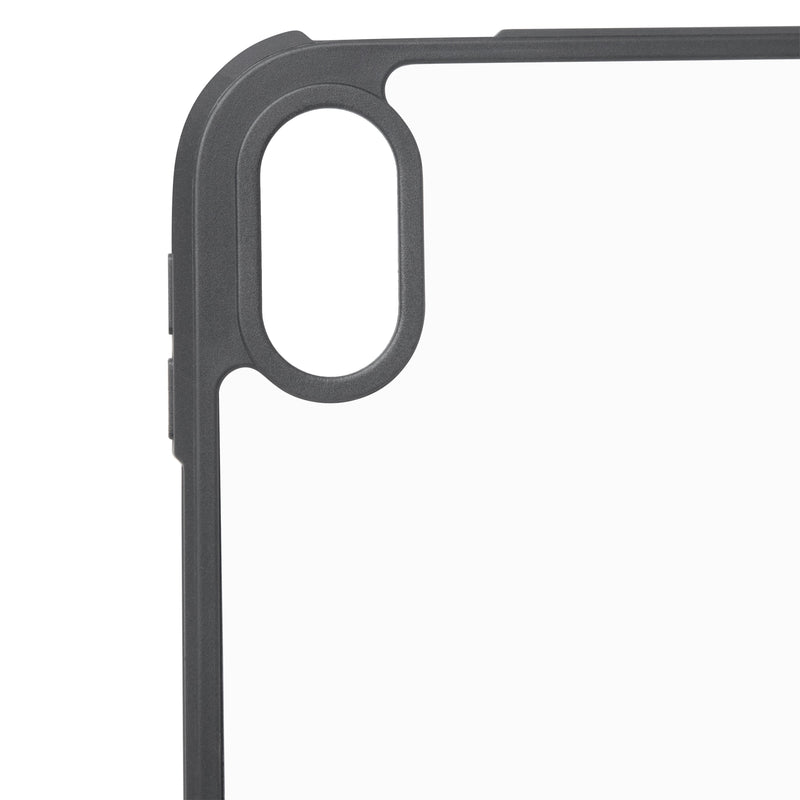 Close-up of a gray corner of the Arkon Mounts iPad 10th Gen Standard Case, featuring an oval camera cutout and two side button covers, set against a white background.