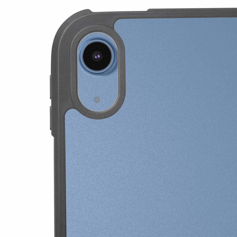 Close-up of the back of a blue iPad, highlighting the rear camera and a small circular flash, with an Arkon Mounts iPad 10th Gen Standard Case partially visible around the edges, providing light-duty protection.
