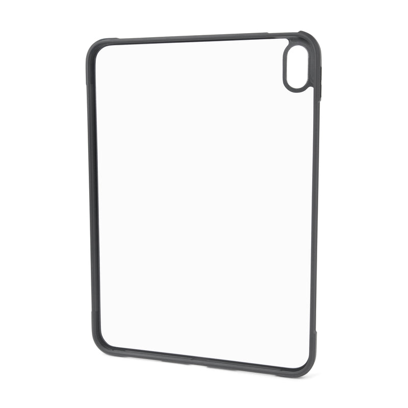 The Arkon Mounts iPad 10th Gen Standard Case, featuring a transparent back with a sleek black border and precise camera cutout, stands upright against a white background.