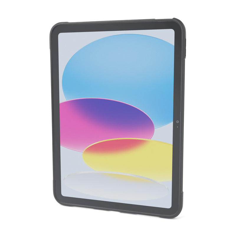 An iPad 10th Gen is shown standing upright in a black, slim Arkon Mounts Standard Case. Its screen displays a colorful abstract background featuring blue, pink, yellow, and white oval shapes.