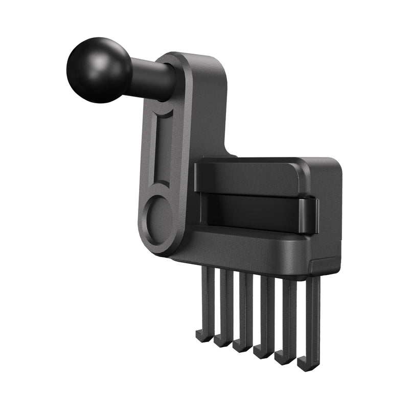 A black and gray mechanical device with a round knob handle and five parallel prongs extending downward, the Vent Mount for Tesla Model 3 2017-2022 and Model Y 2020-2023 offers a sleek, secure custom-fit air vent mount accessory for your vehicle.