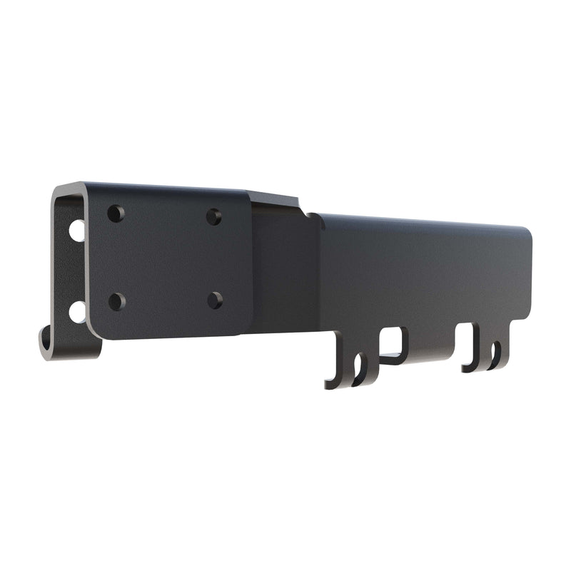 The Arkon Mounts Ford Transit 2020–2025 Mounting Bracket is a black metal bracket featuring four screw holes on one end and three hook-like extensions on the other. Designed for mounting or holding objects, it includes an AMPS mounting base for versatile compatibility. This bracket is ideal for securing devices in Ford Transit vehicles without the need for drilling and is shown against a white background.